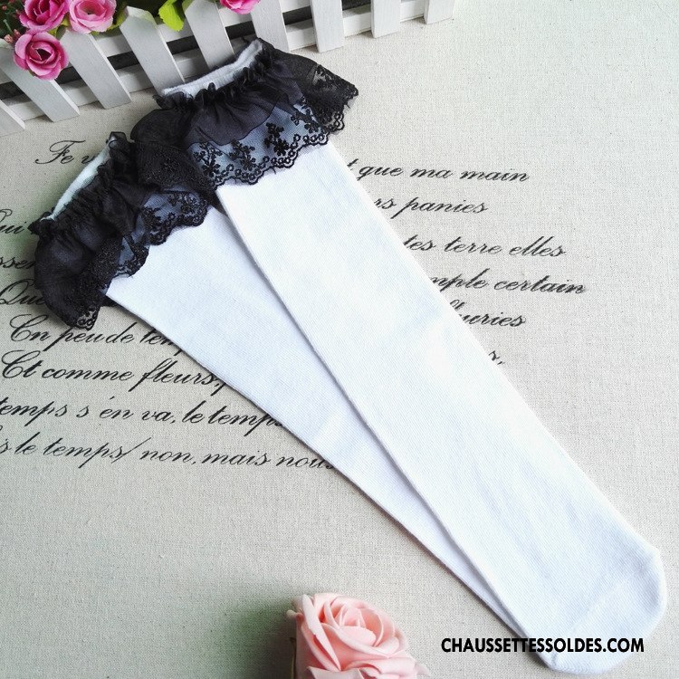 Chaussettes Longues Fille Haute Nouvelles Arrivées 100% Coton Dentelle Enfant Tous Les Assortis Pure Noir