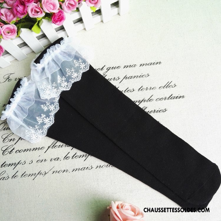 Chaussettes Longues Fille Haute Nouvelles Arrivées 100% Coton Dentelle Enfant Tous Les Assortis Pure Noir