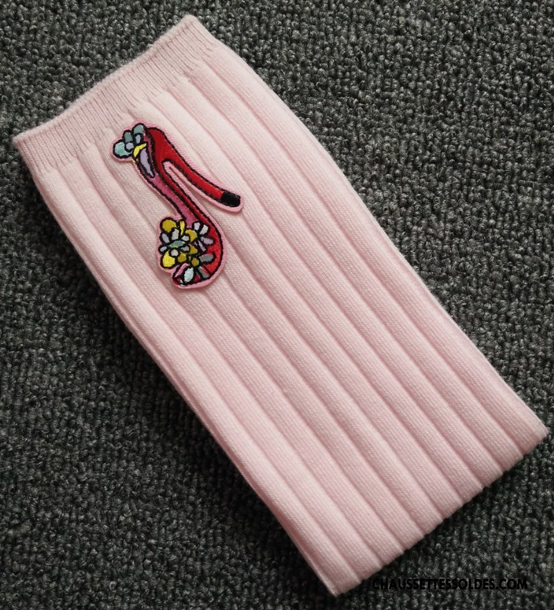 Chaussettes Longues Fille Long Stock Rayé Matelassé Dessin Animé Haute Brodé Rose