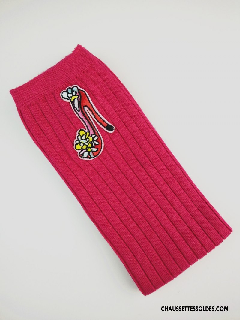 Chaussettes Longues Fille Long Stock Rayé Matelassé Dessin Animé Haute Brodé Rose