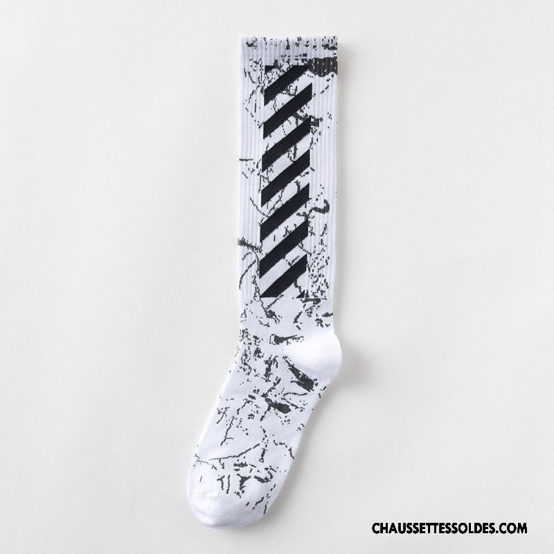 Chaussettes Longues Homme Hip Hop Danse De Rue Chaussettes En Coton Long Stock Marque De Tendance Bandes Obliques Blanc