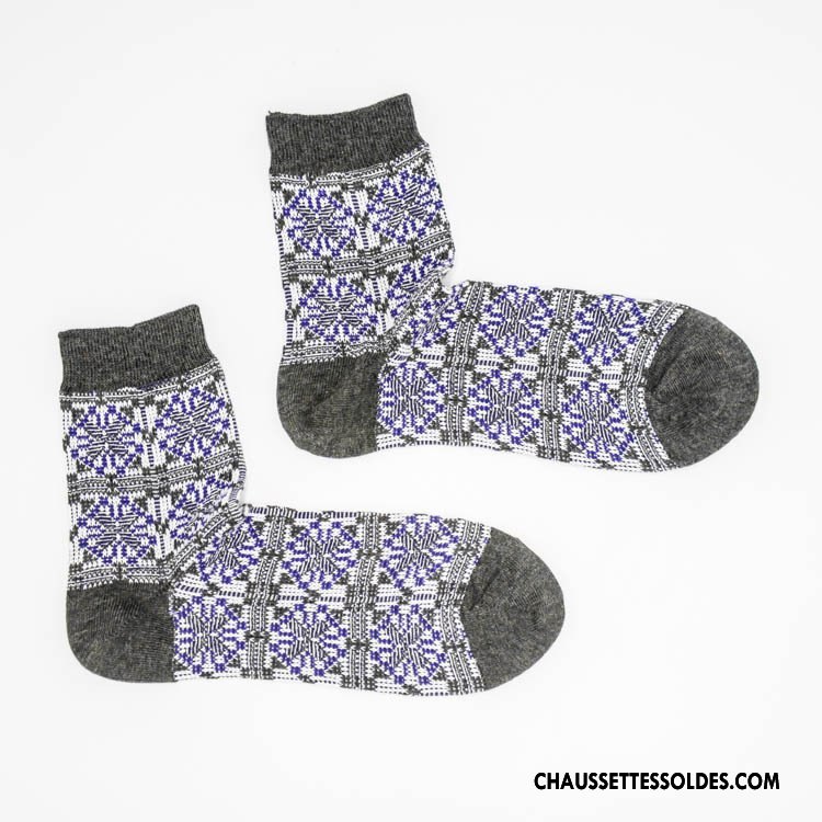 Chaussettes Mi Hautes Femme 100% Coton Dame À La Mode Légère Rétro Style National Bleu