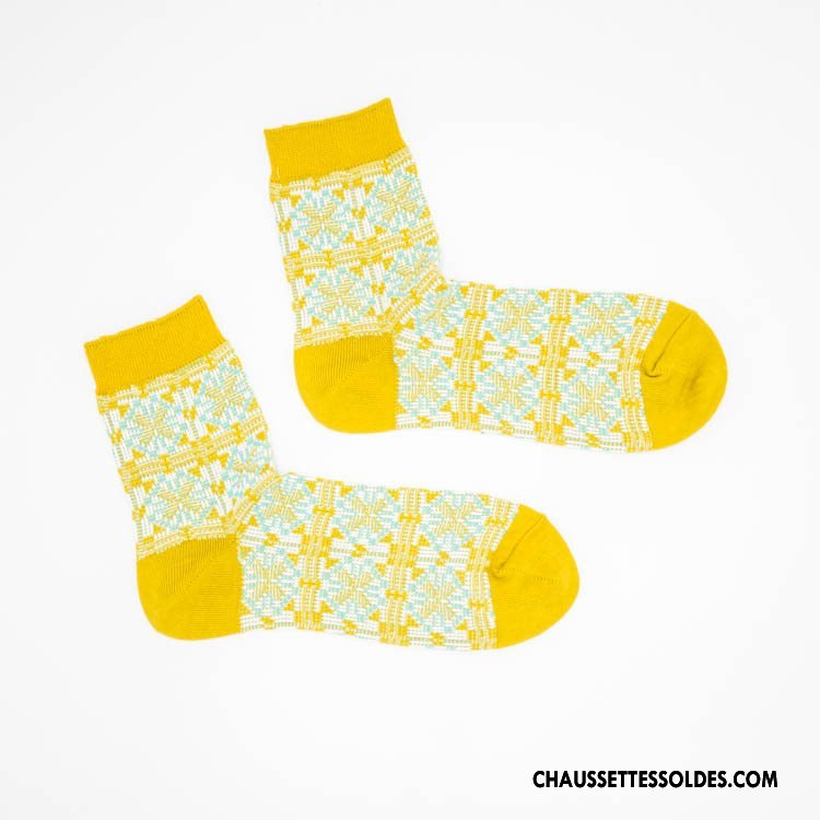 Chaussettes Mi Hautes Femme 100% Coton Dame À La Mode Légère Rétro Style National Bleu