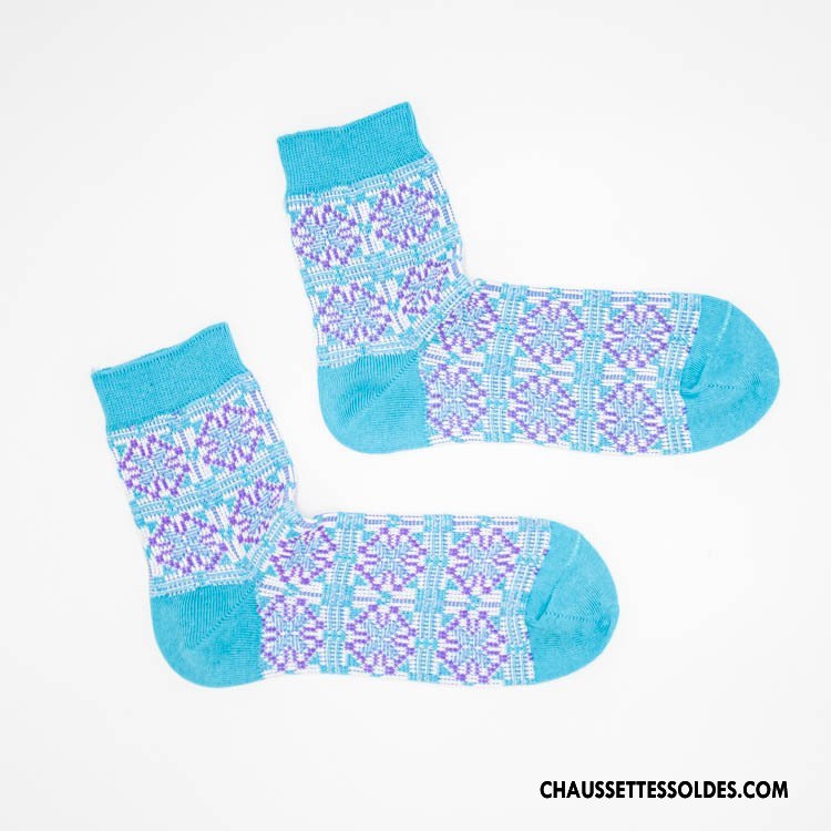 Chaussettes Mi Hautes Femme 100% Coton Dame À La Mode Légère Rétro Style National Bleu
