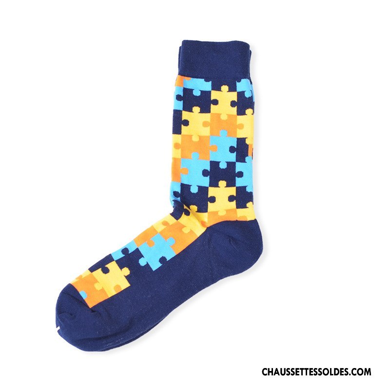Chaussettes Mi Hautes Femme 100% Coton Long Stock Milieu Le Nouveau Marque De Tendance Géométrie Couleur De Contraste Jaune