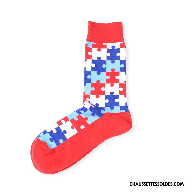 Chaussettes Mi Hautes Femme 100% Coton Long Stock Milieu Le Nouveau Marque De Tendance Géométrie Couleur De Contraste Jaune