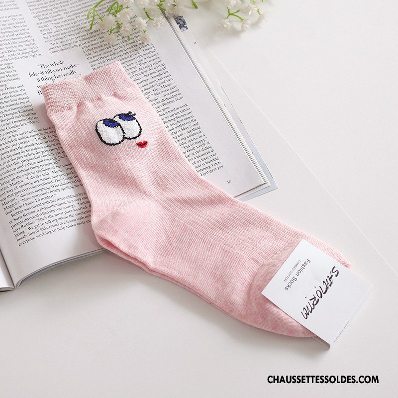 Chaussettes Mi Hautes Femme Authentique Coton Bio Dessin Animé Brodé Longue Beige Blanc