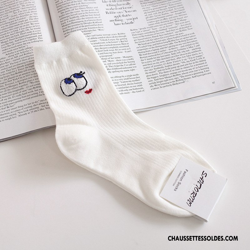 Chaussettes Mi Hautes Femme Authentique Coton Bio Dessin Animé Brodé Longue Beige Blanc