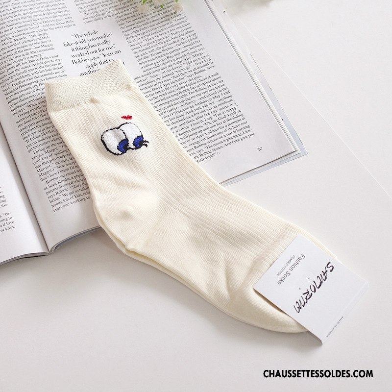 Chaussettes Mi Hautes Femme Authentique Coton Bio Dessin Animé Brodé Longue Beige Blanc