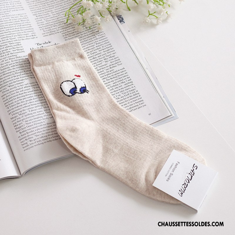 Chaussettes Mi Hautes Femme Authentique Coton Bio Dessin Animé Brodé Longue Beige Blanc