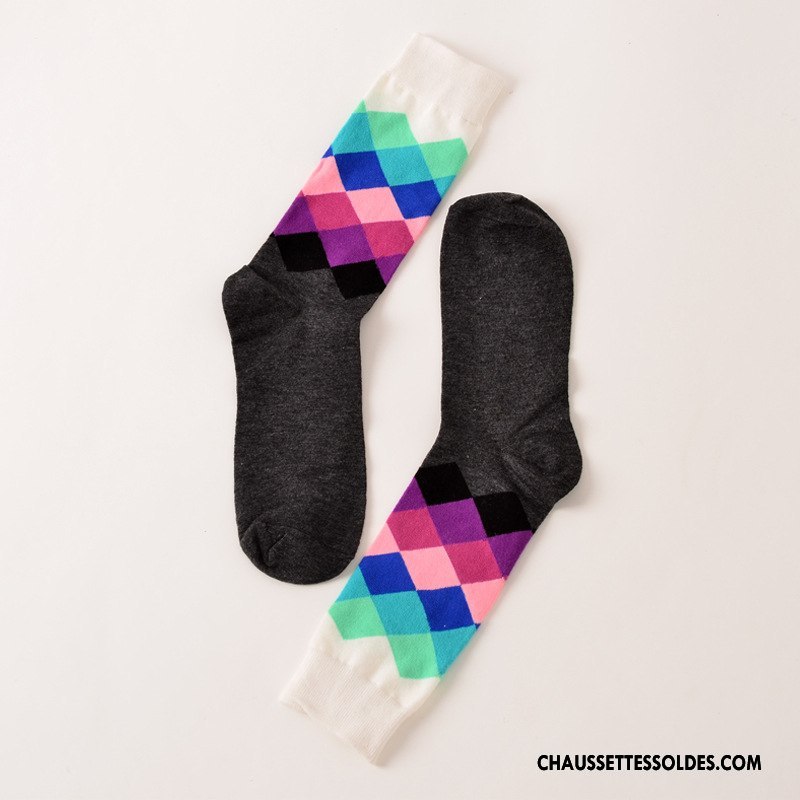 Chaussettes Mi Hautes Femme Britanique Mouvement 100% Coton Longue Carreaux Pur Dégradé Gris