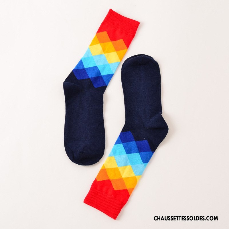 Chaussettes Mi Hautes Femme Britanique Mouvement 100% Coton Longue Carreaux Pur Dégradé Gris