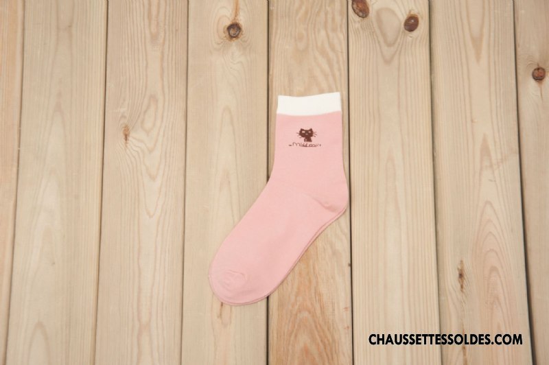 Chaussettes Mi Hautes Femme Brodé Printemps Été Chaussettes En Coton Charmant Dame Couleurs De Bonbons Rose