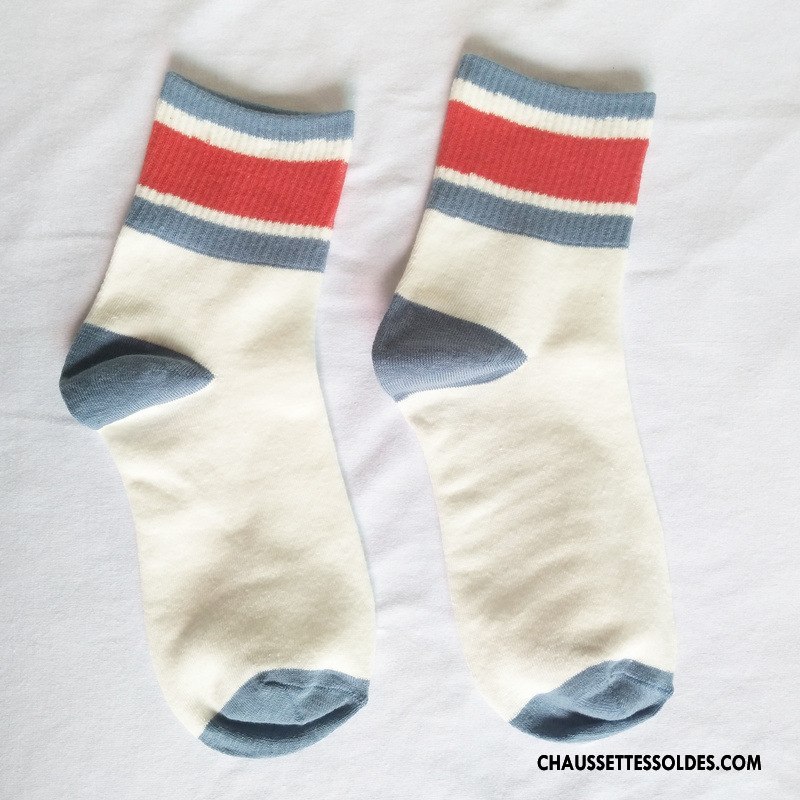 Chaussettes Mi Hautes Femme Campus Vent Dame Rétro Mouvement Rayé Frais Couleurs Mixtes Rose