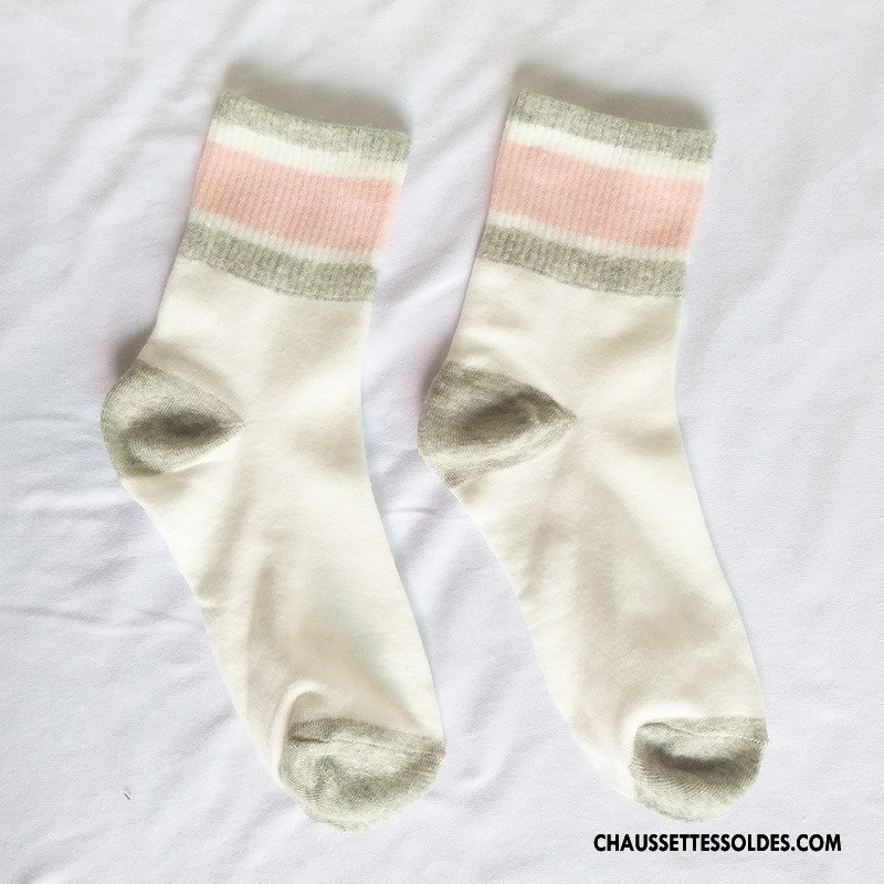 Chaussettes Mi Hautes Femme Campus Vent Dame Rétro Mouvement Rayé Frais Couleurs Mixtes Rose