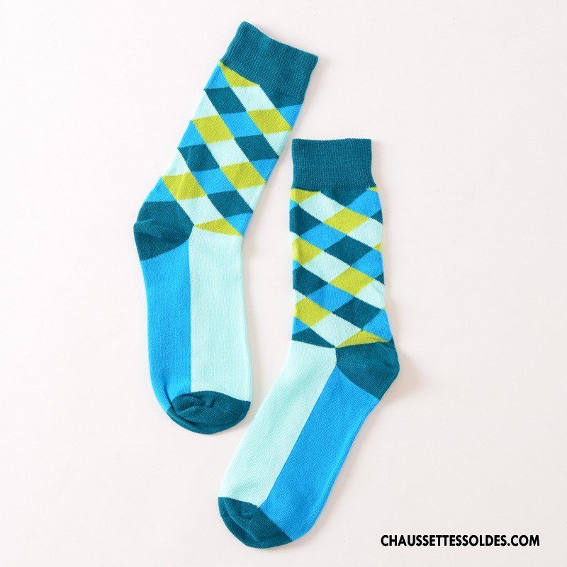Chaussettes Mi Hautes Femme Carreaux Homme Le Nouveau Rue Créateur De Tendances Coton Bio Couleur De Contraste Jaune