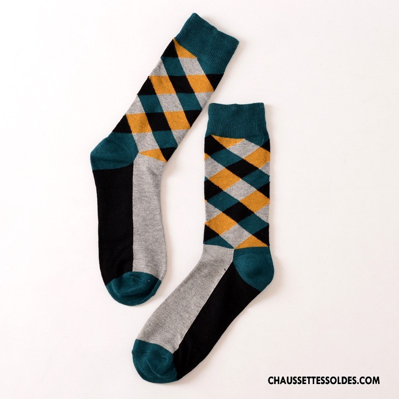 Chaussettes Mi Hautes Femme Carreaux Homme Le Nouveau Rue Créateur De Tendances Coton Bio Couleur De Contraste Jaune