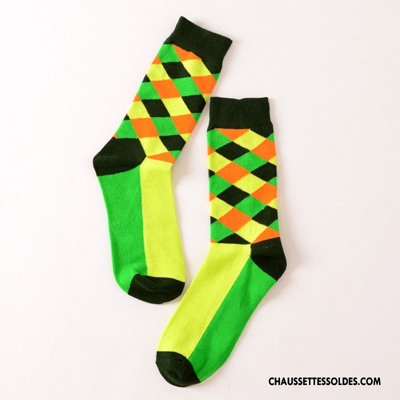 Chaussettes Mi Hautes Femme Carreaux Homme Le Nouveau Rue Créateur De Tendances Coton Bio Couleur De Contraste Jaune