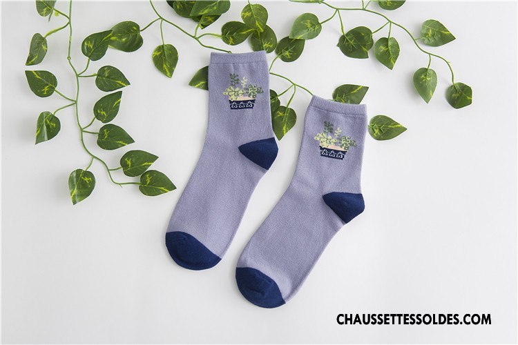 Chaussettes Mi Hautes Femme Chaussettes En Coton 100% Coton Le Nouveau Milieu Fleurs Frais Violet