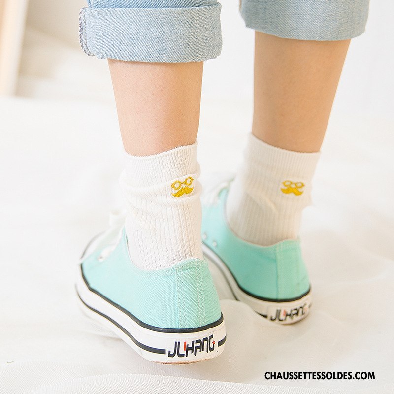 Chaussettes Mi Hautes Femme Chaussettes En Coton Élève Été Légère Printemps Brodé Bleu Blanc Noir