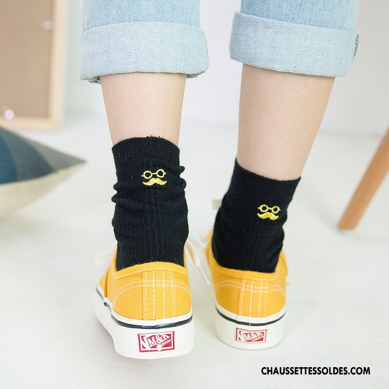 Chaussettes Mi Hautes Femme Chaussettes En Coton Élève Été Légère Printemps Brodé Bleu Blanc Noir