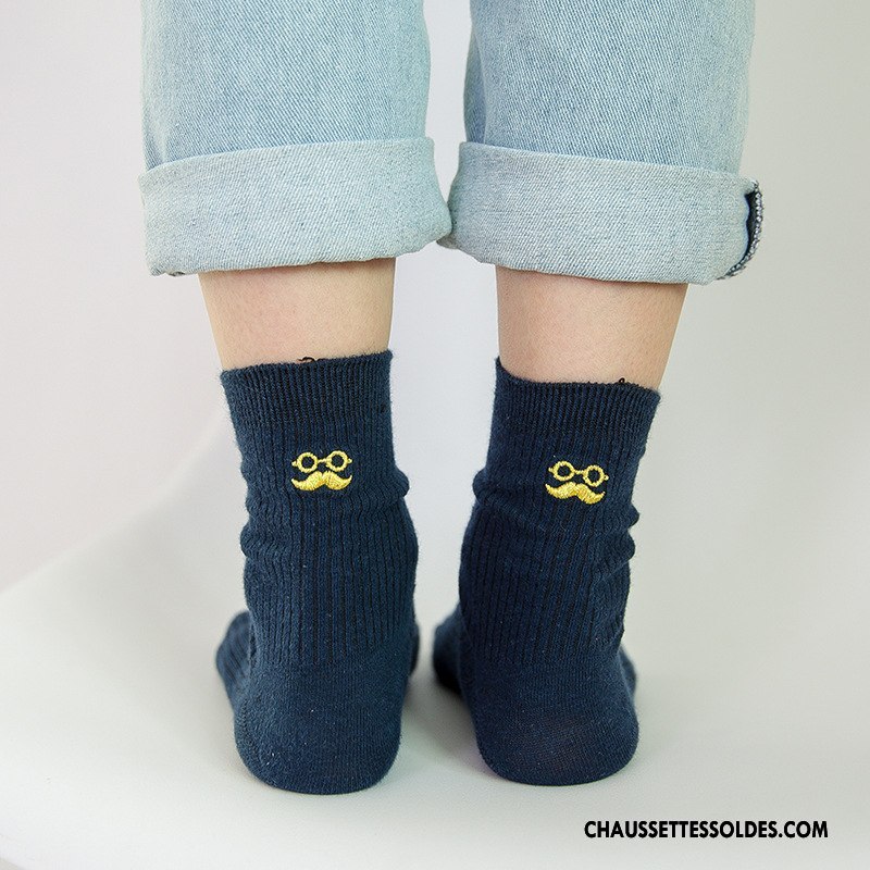 Chaussettes Mi Hautes Femme Chaussettes En Coton Élève Été Légère Printemps Brodé Bleu Blanc Noir