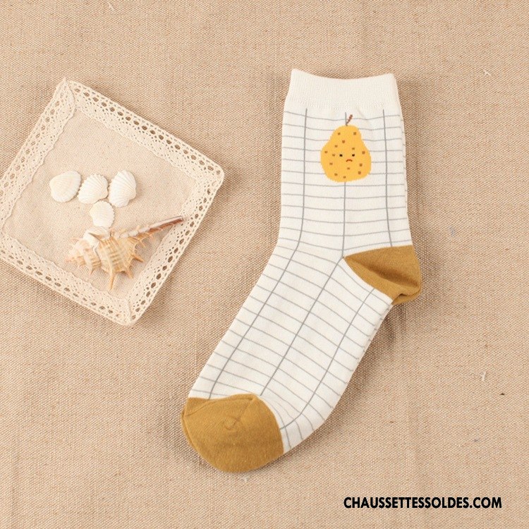 Chaussettes Mi Hautes Femme Coton Bio Rayé Fruit Carreaux Milieu Courte Or