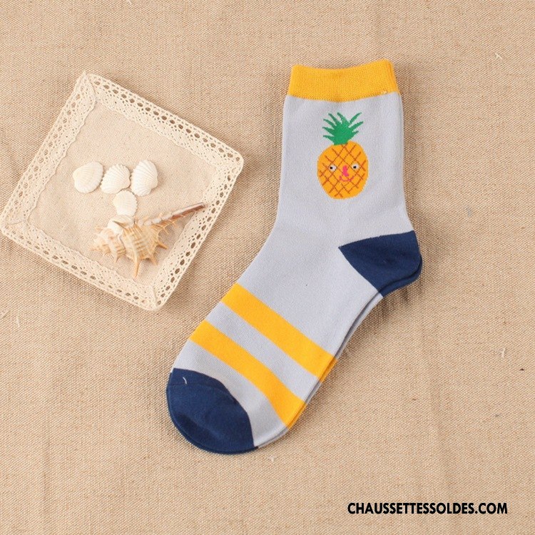 Chaussettes Mi Hautes Femme Coton Bio Rayé Fruit Carreaux Milieu Courte Or