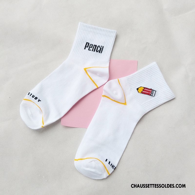 Chaussettes Mi Hautes Femme Dame Lettre Bétail Milieu Banane Art Blanc