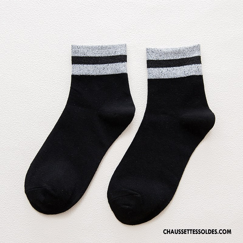 Chaussettes Mi Hautes Femme Dame Rayé Style Nouvelles Arrivées Milieu Chaussettes En Coton Noir Or