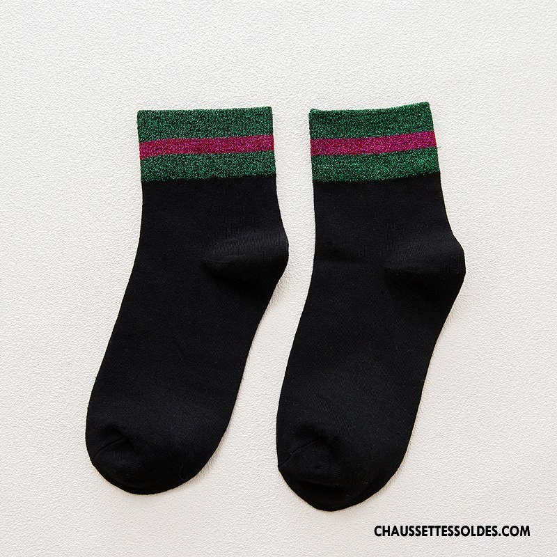 Chaussettes Mi Hautes Femme Dame Rayé Style Nouvelles Arrivées Milieu Chaussettes En Coton Noir Or