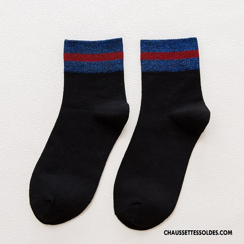 Chaussettes Mi Hautes Femme Dame Rayé Style Nouvelles Arrivées Milieu Chaussettes En Coton Noir Or