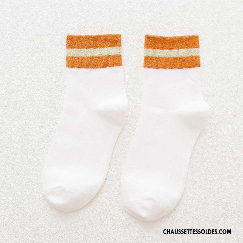 Chaussettes Mi Hautes Femme Dame Rayé Style Nouvelles Arrivées Milieu Chaussettes En Coton Noir Or
