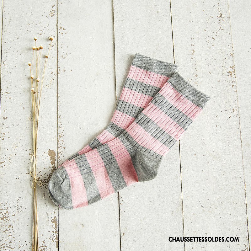 Chaussettes Mi Hautes Femme Dame Style Chaud Nouvelles Arrivées Vent D'université Chaussettes En Coton Rayé Blanc