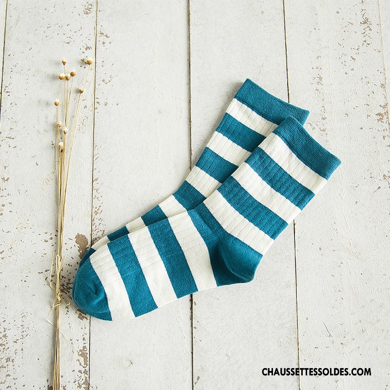 Chaussettes Mi Hautes Femme Dame Style Chaud Nouvelles Arrivées Vent D'université Chaussettes En Coton Rayé Blanc