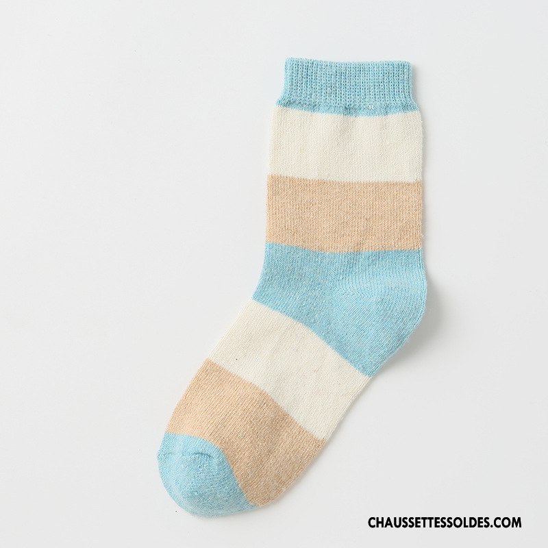 Chaussettes Mi Hautes Femme Des Chaussettes En Laine Casual Thermiques Hiver Milieu Rayé Bleu