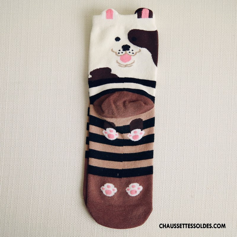 Chaussettes Mi Hautes Femme Dessin Animé 100% Coton Bois Modèle Dame Milieu Marron / Brun