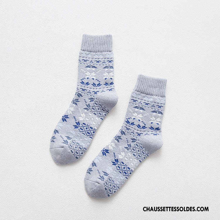 Chaussettes Mi Hautes Femme Flocon De Neige Terry Thermiques 100% Coton Milieu Dame Bleu
