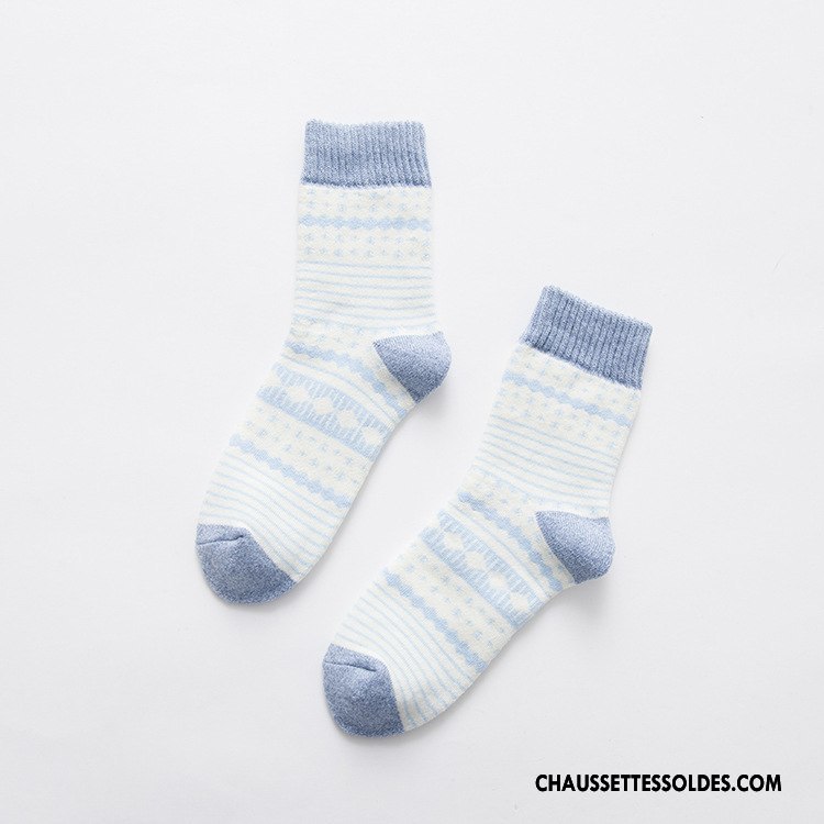 Chaussettes Mi Hautes Femme Flocon De Neige Terry Thermiques 100% Coton Milieu Dame Bleu