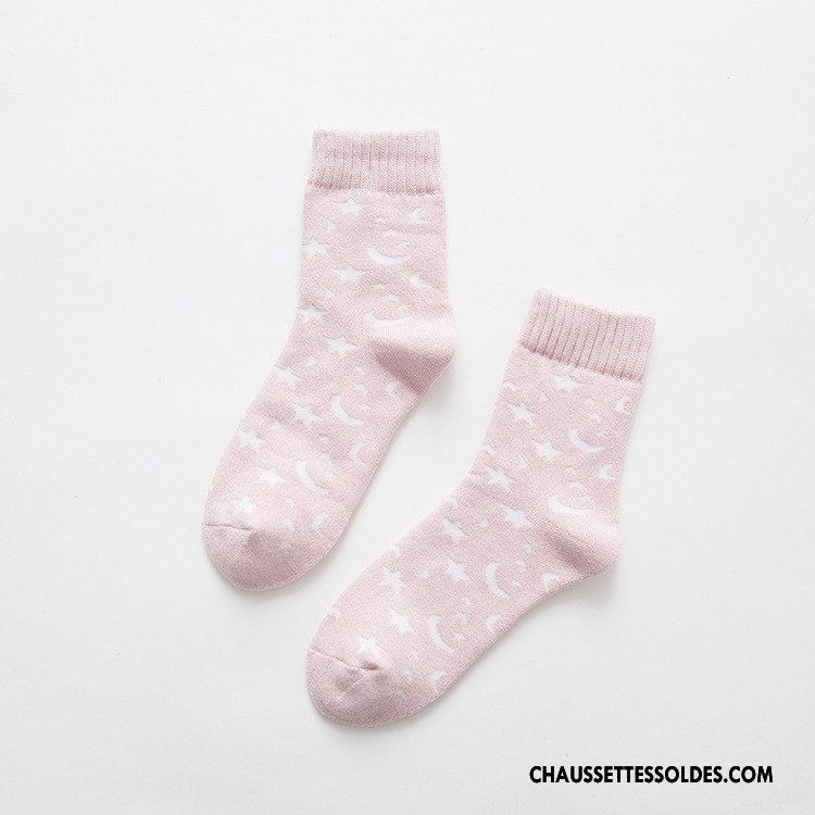 Chaussettes Mi Hautes Femme Flocon De Neige Terry Thermiques 100% Coton Milieu Dame Bleu