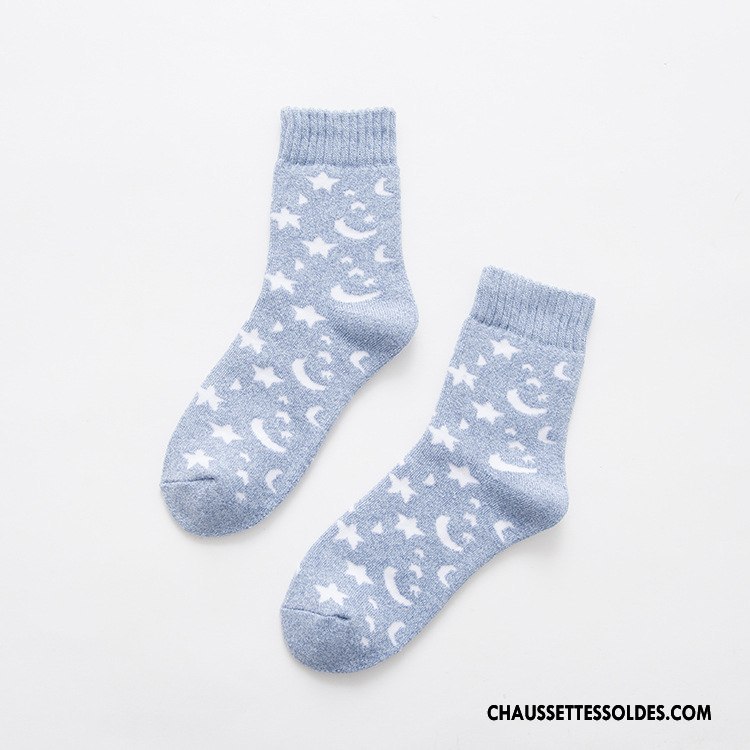 Chaussettes Mi Hautes Femme Flocon De Neige Terry Thermiques 100% Coton Milieu Dame Bleu