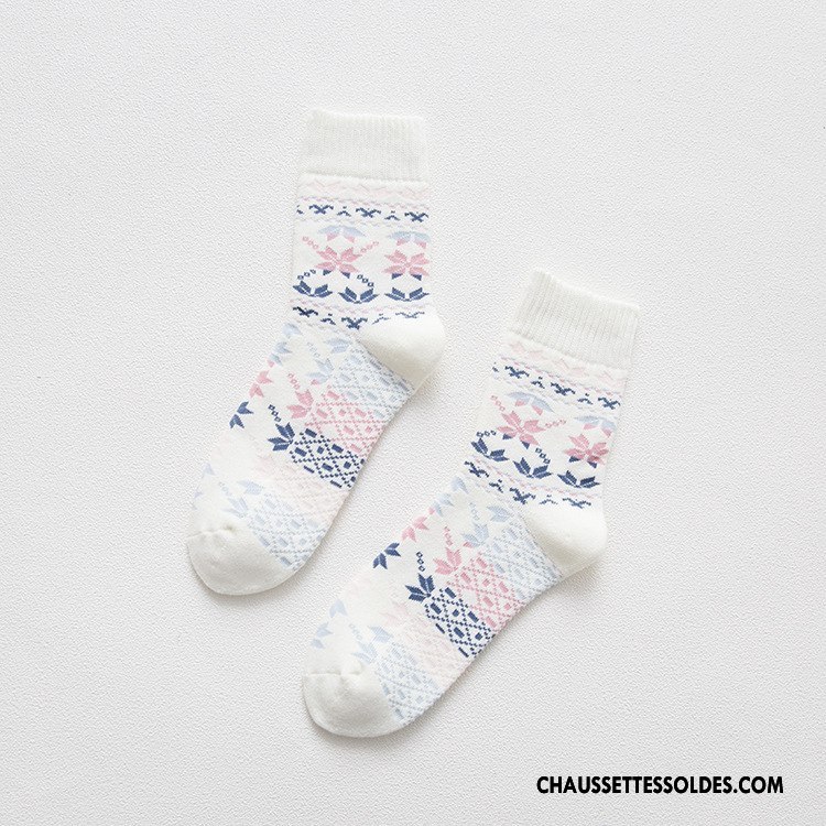 Chaussettes Mi Hautes Femme Flocon De Neige Terry Thermiques 100% Coton Milieu Dame Bleu