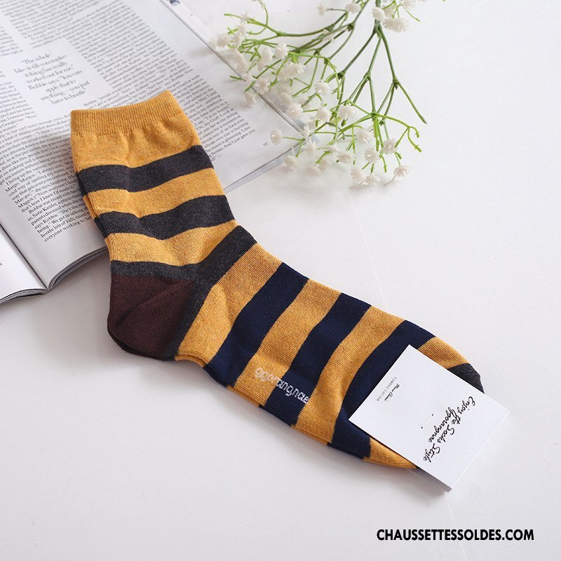 Chaussettes Mi Hautes Femme Hiver Anti-odeur Long Stock Rayé Homme 100% Coton Couleurs Mixtes Vert