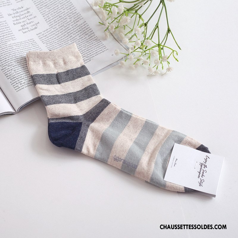 Chaussettes Mi Hautes Femme Hiver Anti-odeur Long Stock Rayé Homme 100% Coton Couleurs Mixtes Vert