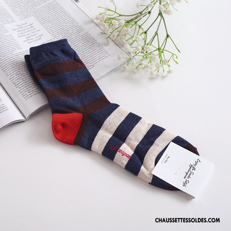 Chaussettes Mi Hautes Femme Hiver Anti-odeur Long Stock Rayé Homme 100% Coton Couleurs Mixtes Vert