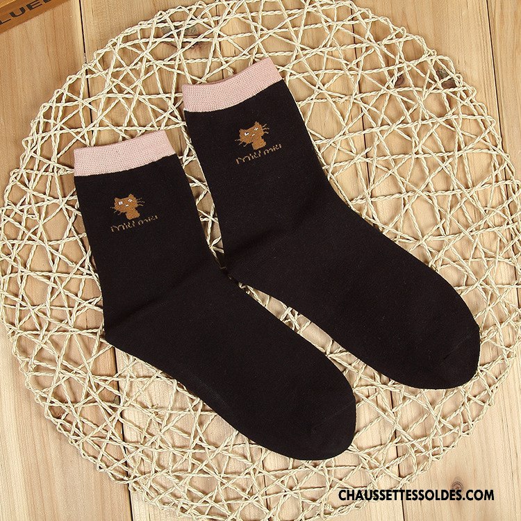 Chaussettes Mi Hautes Femme Hiver Charmant Dessin Animé L'automne Coton Bio Chat Noir