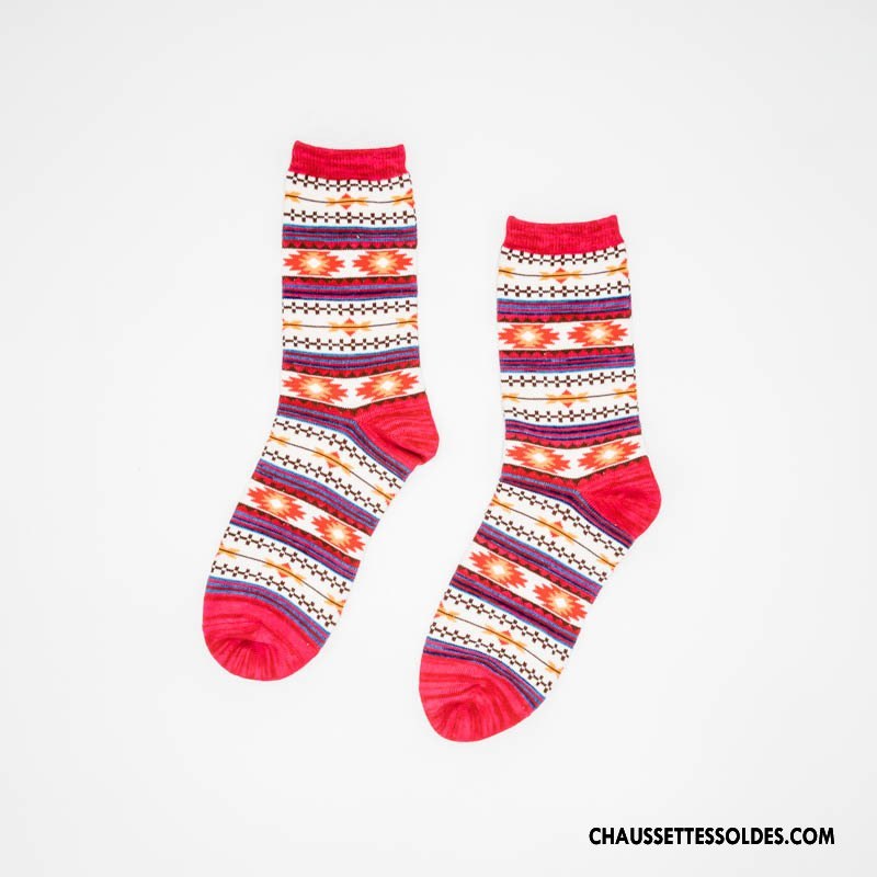 Chaussettes Mi Hautes Femme Hiver L'automne Le Nouveau Rétro 100% Coton Style National Rouge