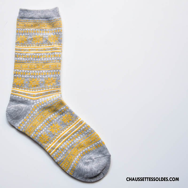 Chaussettes Mi Hautes Femme Hiver Rétro Flocon De Neige Style National L'automne Milieu Jaune