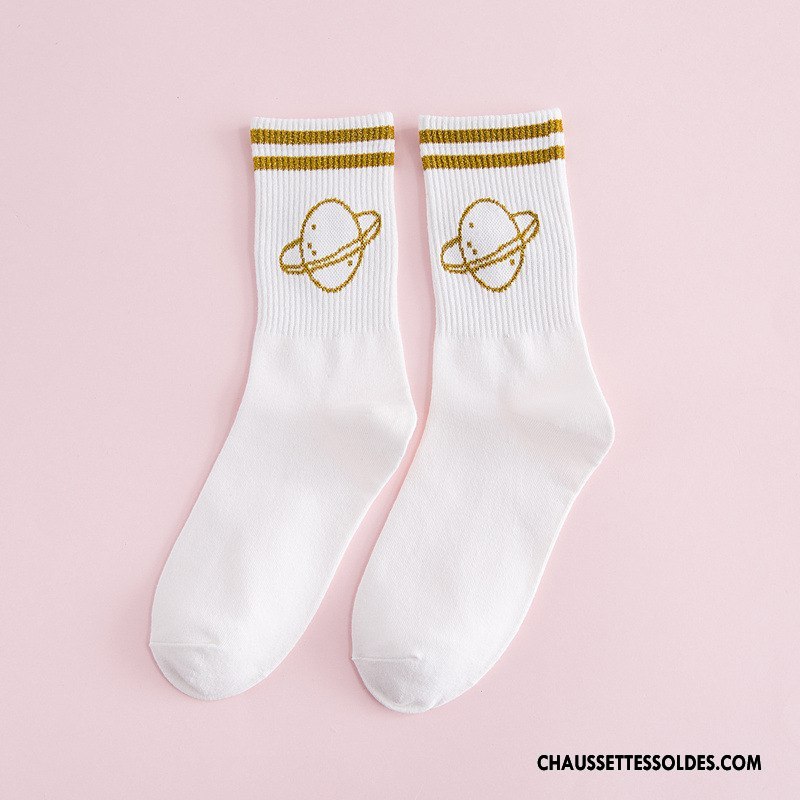 Chaussettes Mi Hautes Femme L'automne Rayé Chaussettes En Coton Casual Tendance Hiver Blanc Or