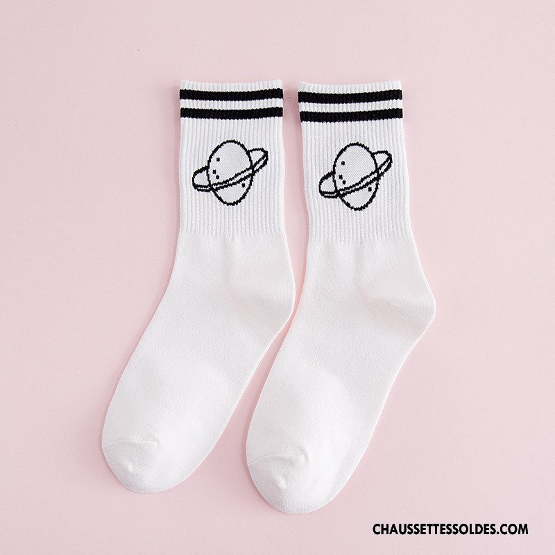 Chaussettes Mi Hautes Femme L'automne Rayé Chaussettes En Coton Casual Tendance Hiver Blanc Or